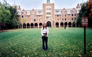 Karen in front of the dorms at Wellesley